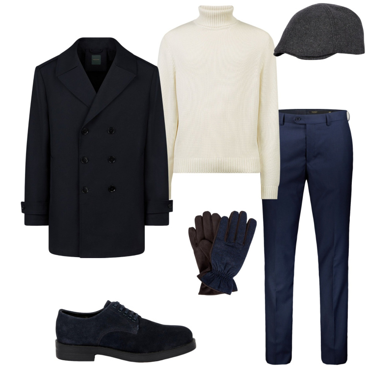 Outfit uomo - Doppelganger. Stile Business/Elegante per Ufficio. Abbinamento con guanti, pantaloni, caban, maglieria, cappelli con visiera, scarpe stringate.