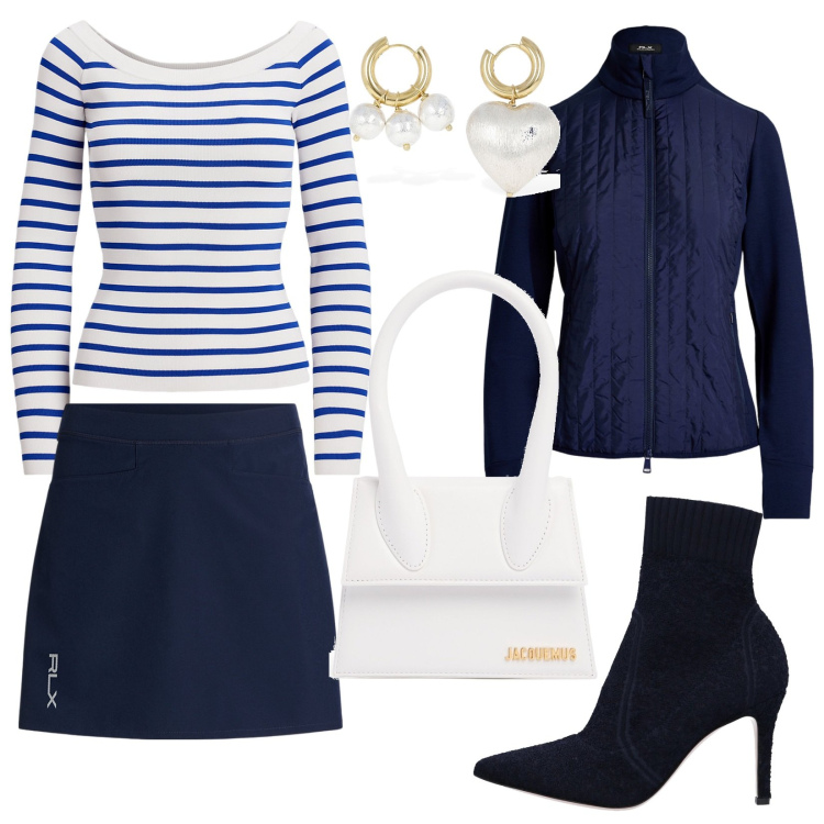 Outfit donna - Total look #2056751. Stile Trendy per Tutti i giorni. Abbinamento con stivaletti, giacche, minigonne, maglieria, orecchini, borse a mano.