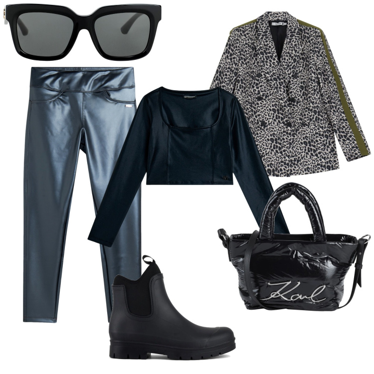 Outfit donna - Comfort style. Stile Casual chic per Tutti i giorni. Abbinamento con borse a mano, occhiali da sole, blazer, leggings, maglieria, stivali.