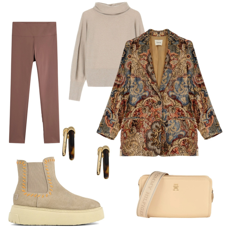 Outfit donna - Blazer. Stile Casual chic per Tutti i giorni. Abbinamento con borse a tracolla, leggings, maglieria, blazer, orecchini, stivaletti.
