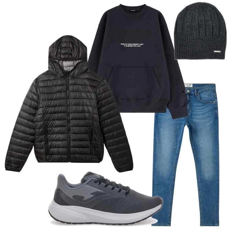 Outfit uomo - In città. Stile Casual per Tutti i giorni. Abbinamento con piumini, jeans slim fit, felpe, berretti, sneakers.
