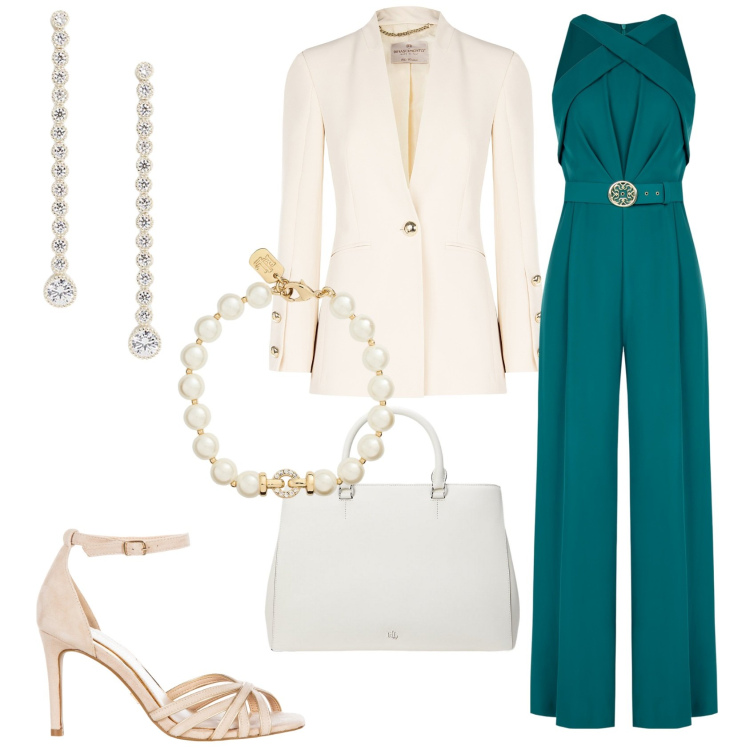 Outfit donna - Rinascimento Cerimonia di primavera. Stile Chic per Cerimonia. Abbinamento con tute, sandali col tacco, blazer, braccialetti, borse a mano, orecchini.