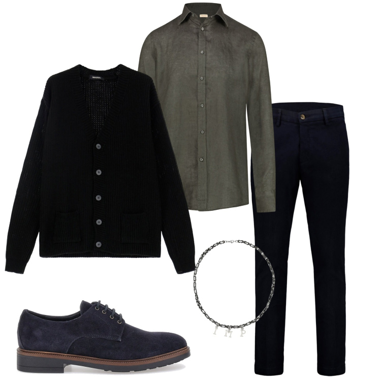 Outfit uomo - Serata con i colleghi. Stile Urban per Serata speciale. Abbinamento con collane, cardigans, scarpe stringate, camicie, pantaloni chino.