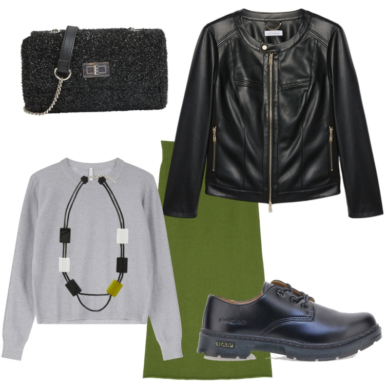 Outfit donna - La gonna alternativa. Stile Basic per Ufficio. Abbinamento con borse a tracolla, gonne longuette, maglieria, scarpe stringate, blazer, collane.