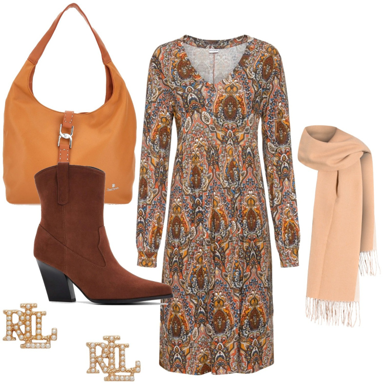 Outfit donna - Il vestito vintage. Stile Bon Ton per Ufficio. Abbinamento con vestiti, stivaletti texani, sciarpe, orecchini, borse a spalla.