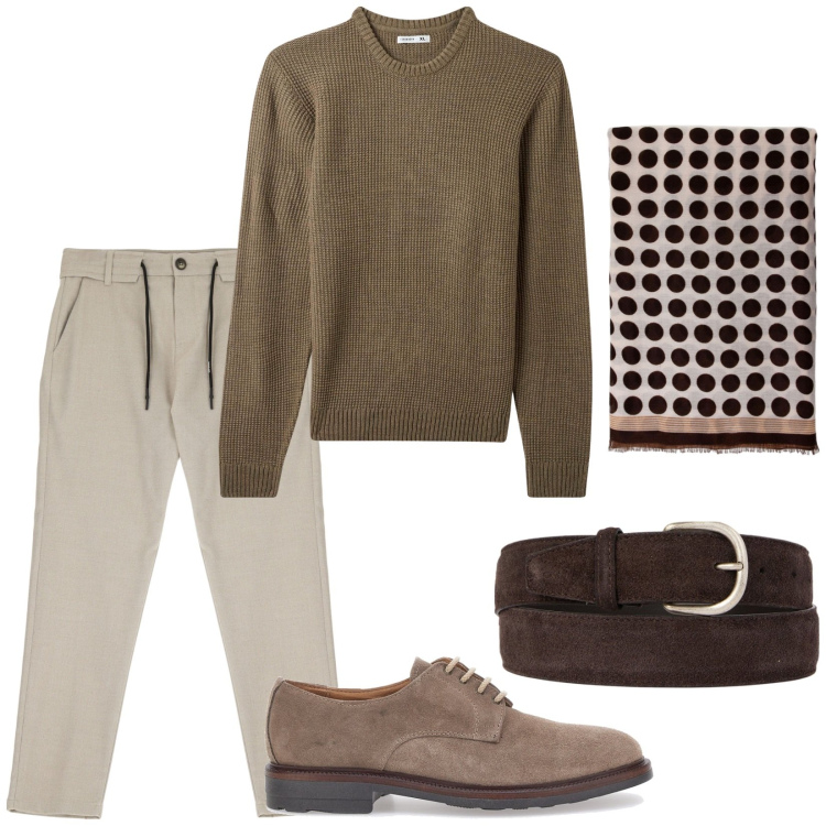 Outfit uomo - Toni neutri. Stile Casual per Tutti i giorni. Abbinamento con maglieria, pantaloni, sciarpe e foulard, cinture, scarpe stringate.