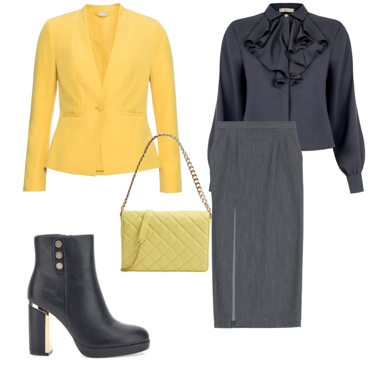 Outfit donna - Grigio e giallo. per Ufficio. Abbinamento con blazer, borse a tracolla, camicie, gonne, stivaletti.
