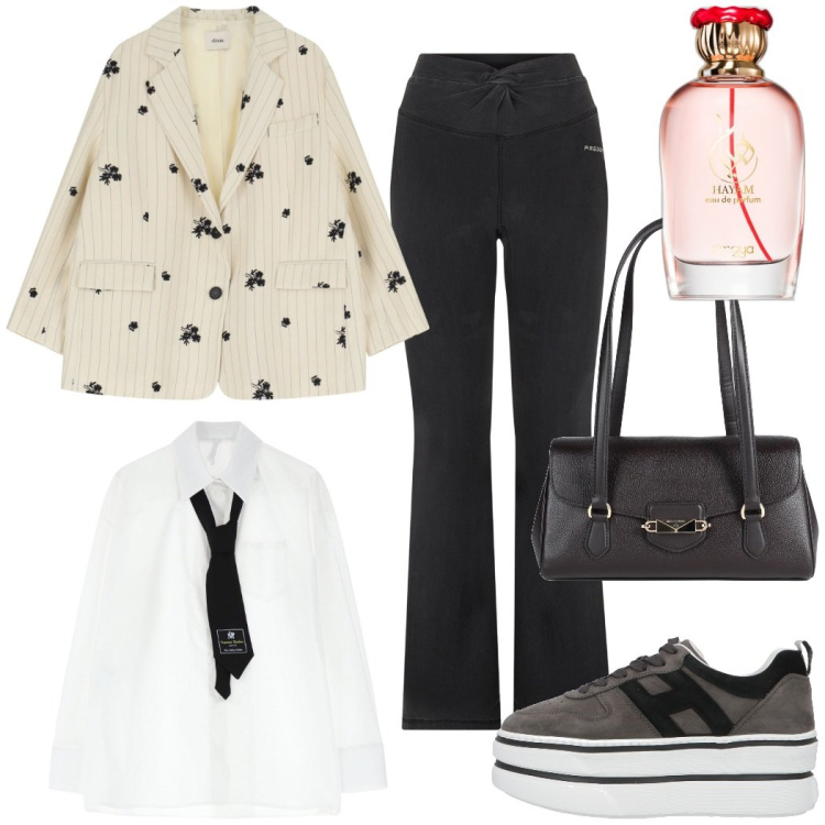 Outfit donna - I fiori sulla giacca e la cravatta. Stile Urban per Ufficio. Abbinamento con sneakers, borse a mano, profumi, camicie, jeggings, blazer.