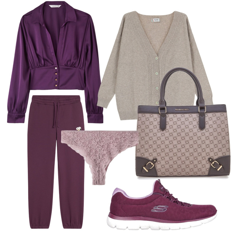 Outfit donna - Romantica e sportiva. Stile Glamour per Tutti i giorni. Abbinamento con bluse, culotte, cardigans, pantaloni, borse a tracolla, sneakers.