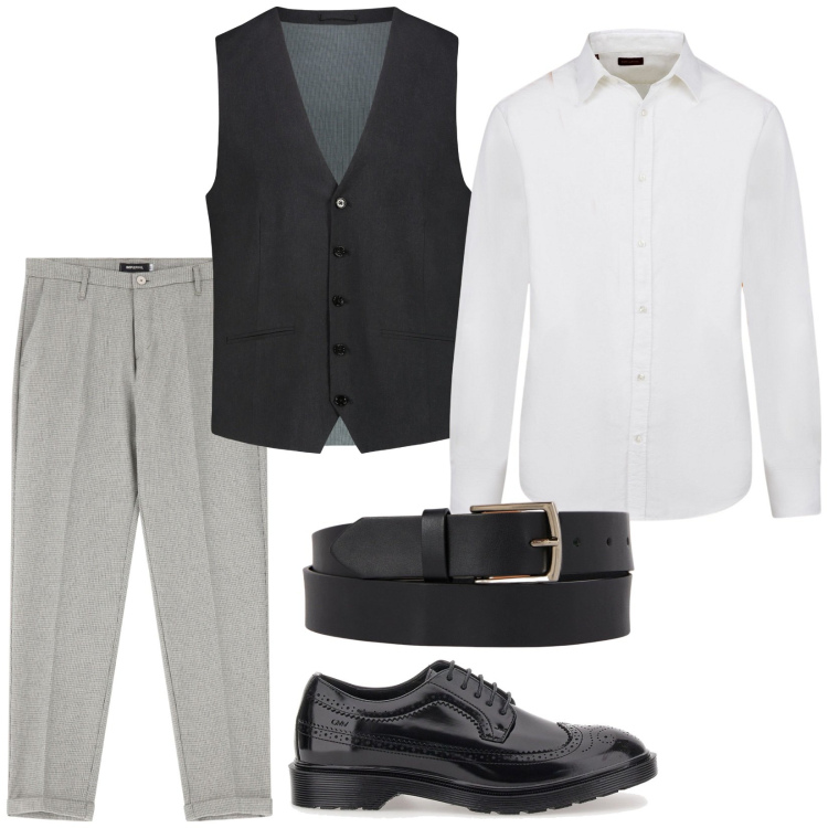 Outfit uomo - Il fascino del gilet. Stile Business/Elegante per Serata speciale. Abbinamento con pantaloni, scarpe stringate, gilet, cinture, camicie.