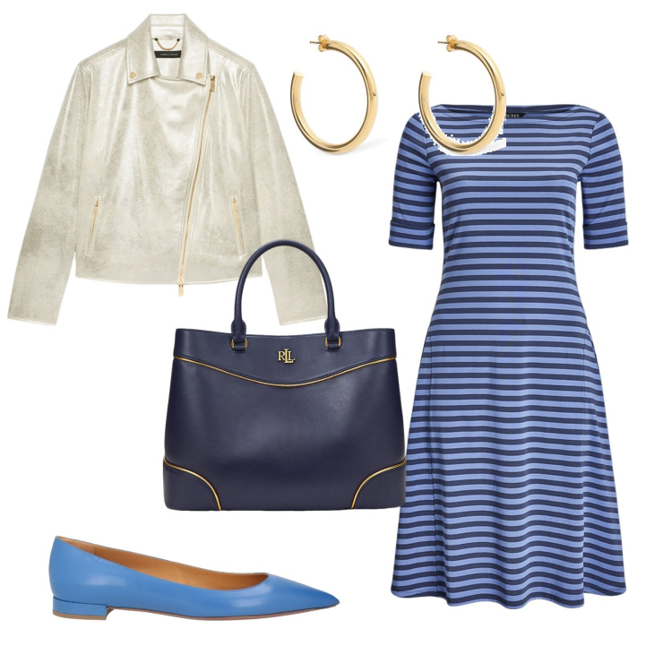 Outfit donna - Primavera. per Tutti i giorni. Abbinamento con ballerine, borse a mano, vestiti, blazer, orecchini.