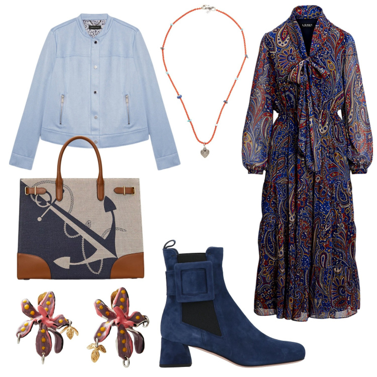 Outfit donna - Contrasti. Stile Boho per Serata fuori. Abbinamento con collane, stivaletti, orecchini, borse tote, vestiti, blazer.