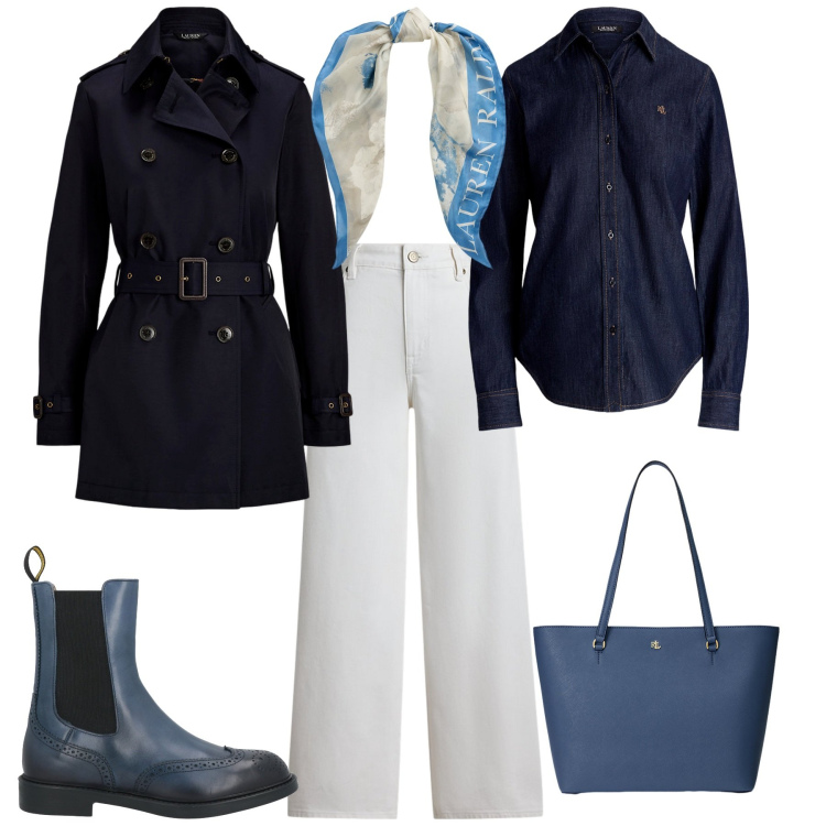 Outfit donna - Total look #2056776. Stile Sporty chic per Ufficio. Abbinamento con stivaletti chelsea, trench, borse tote, camicie, jeans, foulard.