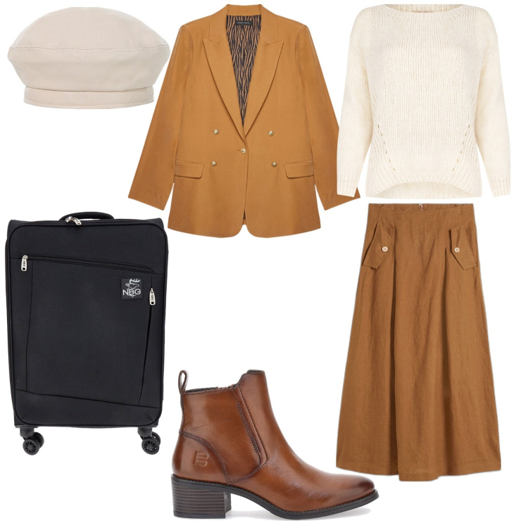 Outfit donna - Si parte. per Tutti i giorni. Abbinamento con gonne, cappelli e berretti, maglieria, stivaletti, blazer, valigie.