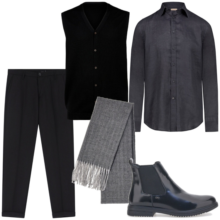Outfit uomo - Total look #2056780. Stile Business/Elegante per Ufficio. Abbinamento con pantaloni chino, camicie, sciarpe, stivali e stivaletti, gilet.