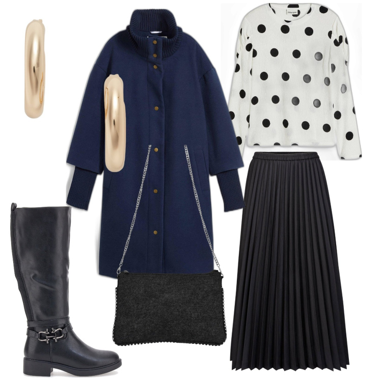 Outfit donna - Adoro il blu e nero. per Tutti i giorni. Abbinamento con cappotti, maglieria, borse a tracolla, orecchini, gonne longuette, stivali.