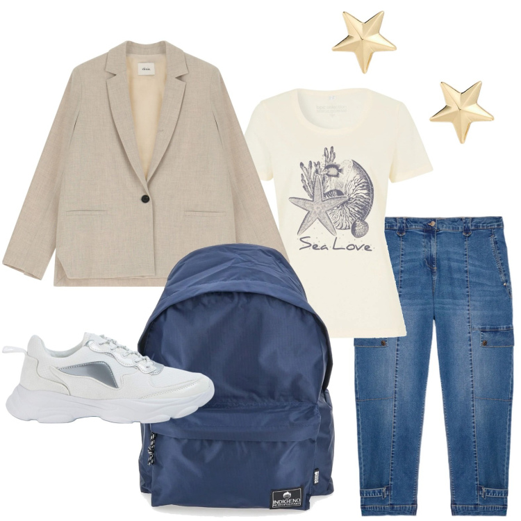 Outfit donna - Giacca kimono. Stile Casual per Scuola/Università. Abbinamento con t-shirt, blazer, sneakers, orecchini, zaini, jeans.
