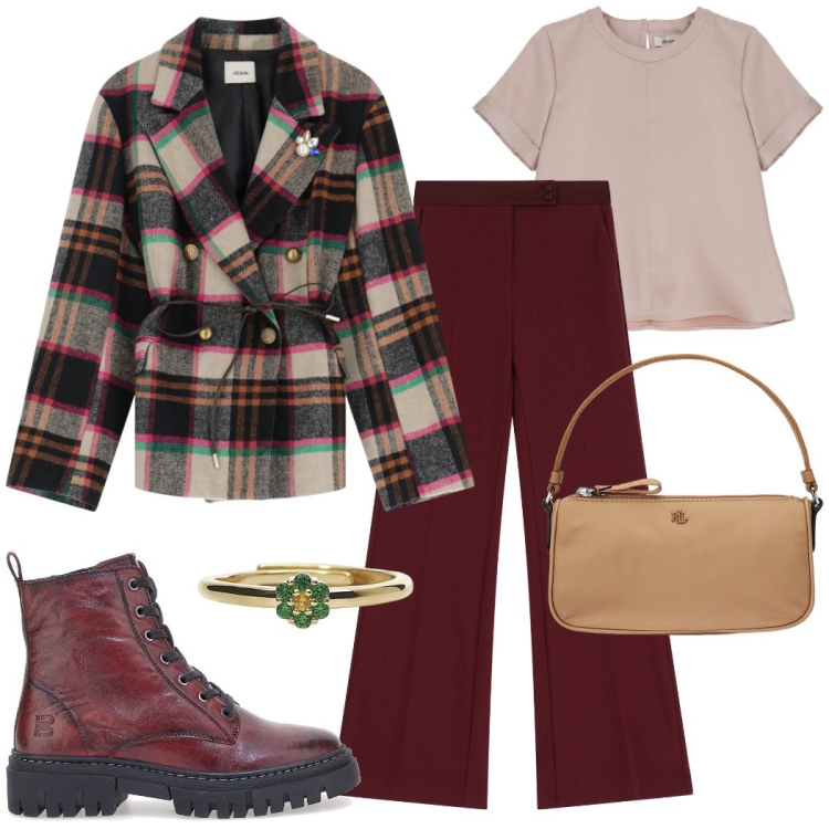 Outfit donna - Trendy. Stile Trendy per Serata fuori. Abbinamento con anelli, pantaloni, t-shirt, blazer, pochette, anfibi.