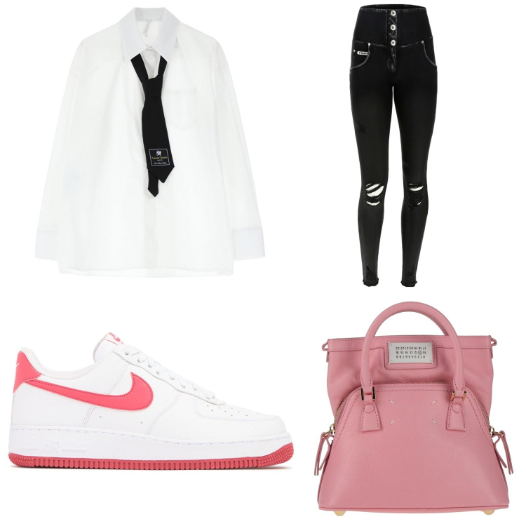 Outfit donna - Rosa rosa rosa. Stile Casual per Ufficio. Abbinamento con borse a mano, camicie, jeans strappati, sneakers.