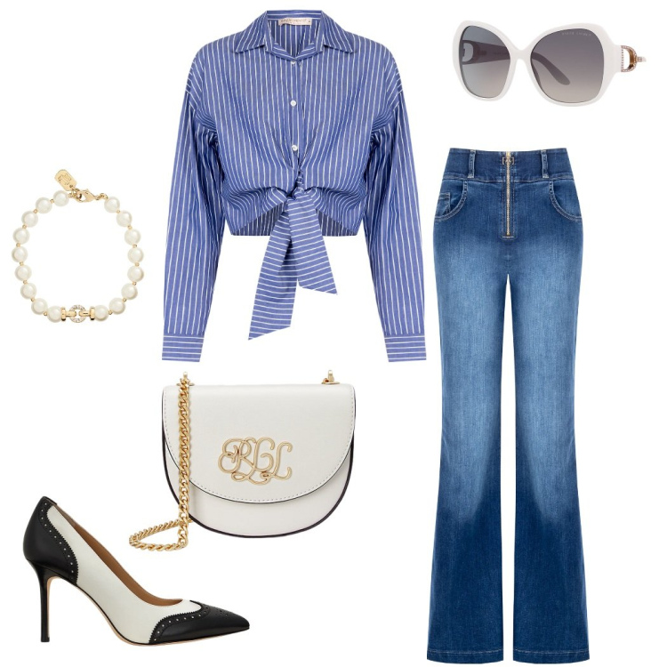 Outfit donna - Rinascimento. Stile Casual chic per Serata fuori. Abbinamento con jeans, camicie, occhiali da sole, borse a tracolla, décolleté, braccialetti.