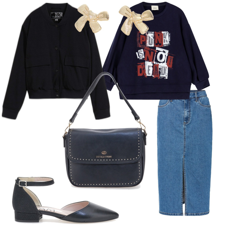 Outfit donna - Anni 80. per Tutti i giorni. Abbinamento con bomber, gonne lunghe, felpe, orecchini, ballerine, borse a tracolla.