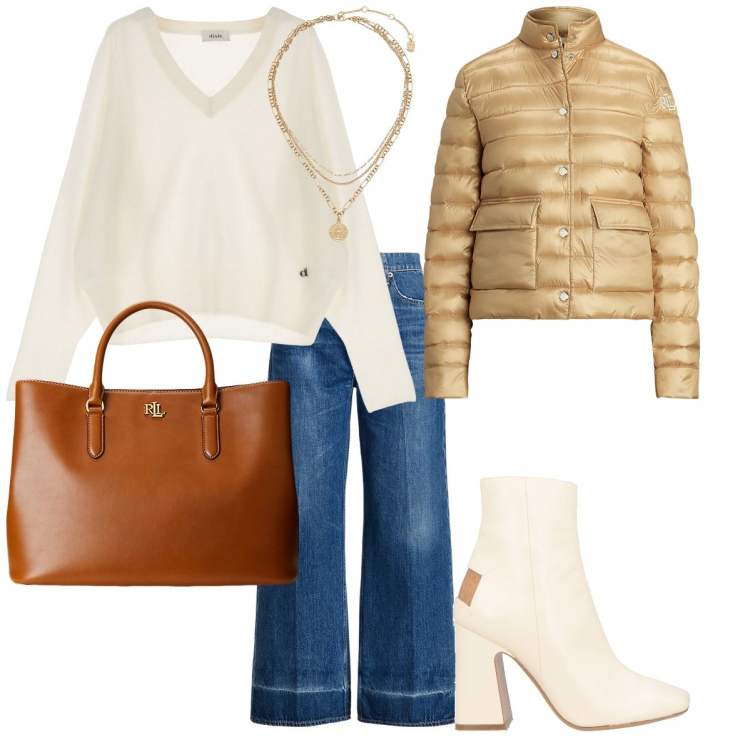 Outfit donna - Pomeriggio con le amiche. Stile Casual chic per Serata fuori. Abbinamento con stivaletti, pullovers, ciondoli, borse a mano, piumini, jeans.