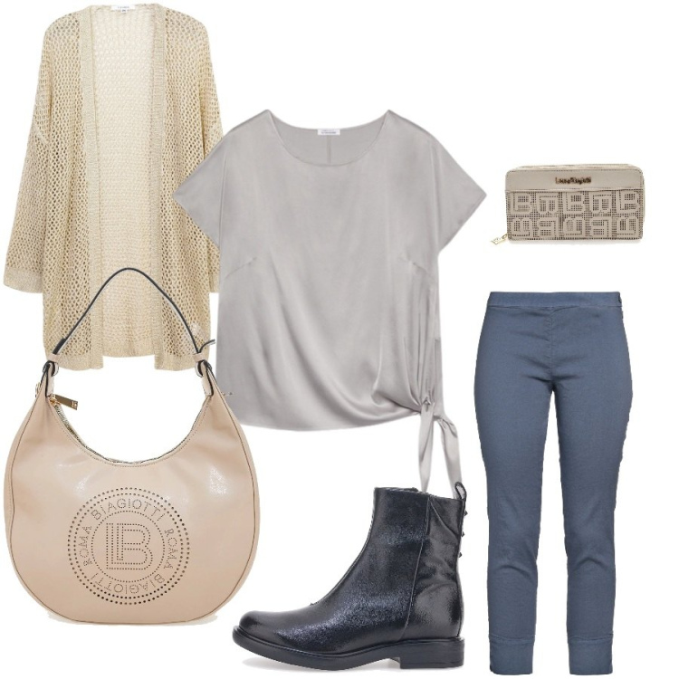 Outfit donna - Pre primavera. Stile Minimal per Tutti i giorni. Abbinamento con pantaloni skinny, kimono, stivaletti, bluse, borse a spalla, portafogli.