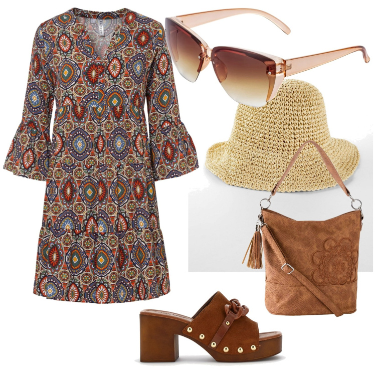 Outfit donna - Anni 70. per Tutti i giorni. Abbinamento con borse a mano, vestiti corti, cappelli, occhiali da sole, zoccoli.