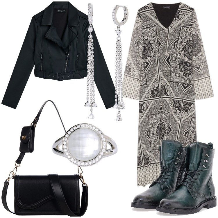 Outfit donna - Stile Boho Biker - Focus Donna Curvy. Stile Trendy per Tutti i giorni. Abbinamento con orecchini, anelli, pochette, giacche, vestiti lunghi, anfibi.