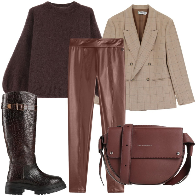 Outfit donna - Leggins in ecopelle. Stile Trendy per Tutti i giorni. Abbinamento con borse a tracolla, stivali, blazer, treggings, maglieria.