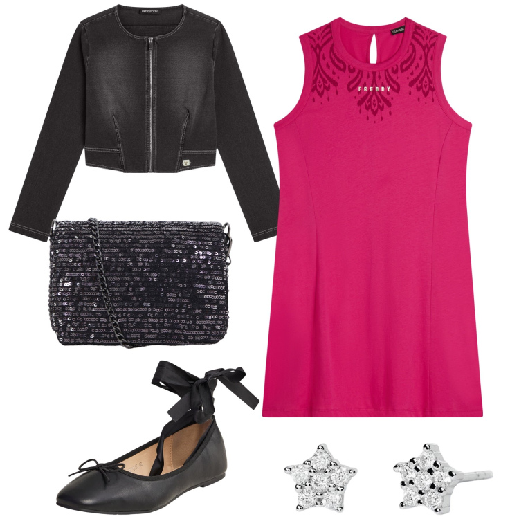 Outfit donna - Come una girl sotto le stelle. Stile Romantica per Serata fuori. Abbinamento con ballerine, orecchini, borse a tracolla, vestiti midi/longuette, blazer.