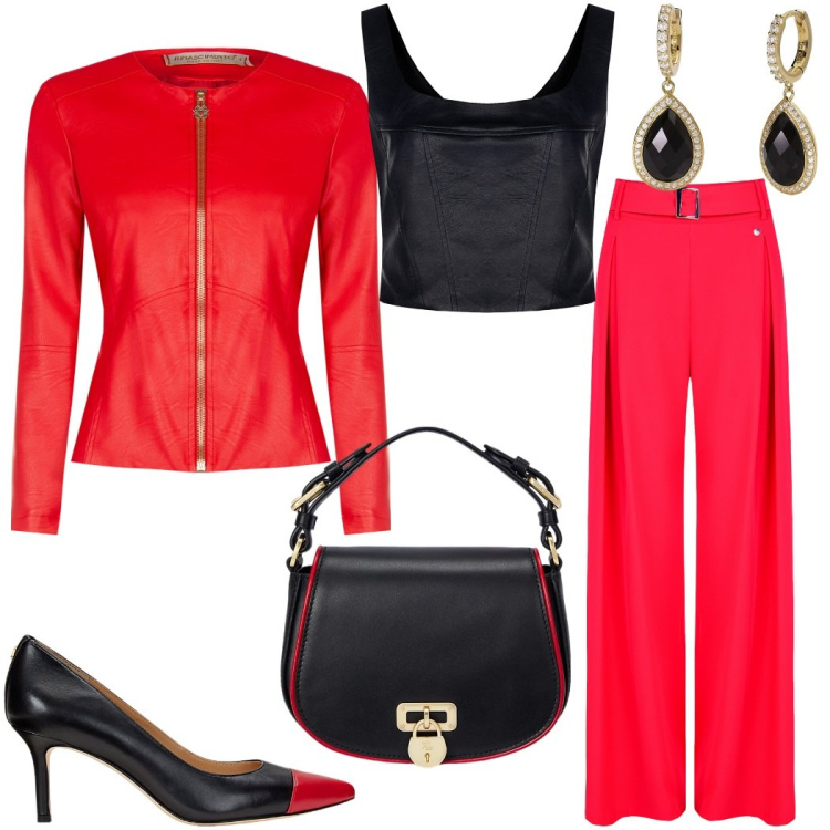 Outfit donna - Rinascimento. Stile Chic per Serata fuori. Abbinamento con orecchini, pantaloni, giacche, top, décolleté, borse a tracolla.