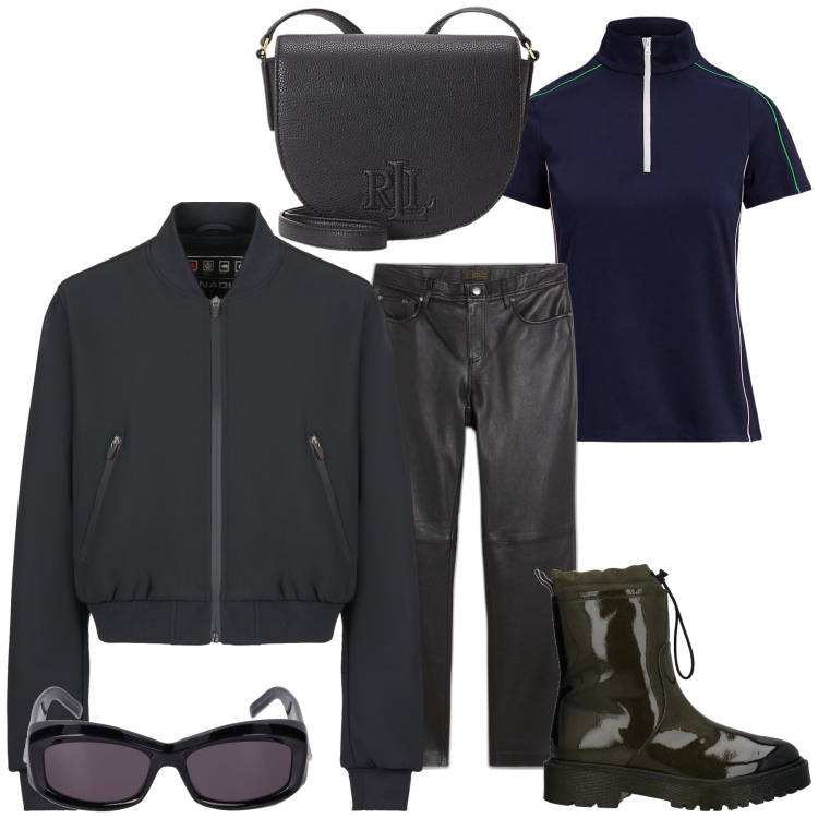 Outfit donna - Black rock. Stile Rock per Tutti i giorni. Abbinamento con pantaloni, stivaletti, bomber, maglieria, borse a tracolla, occhiali da sole.