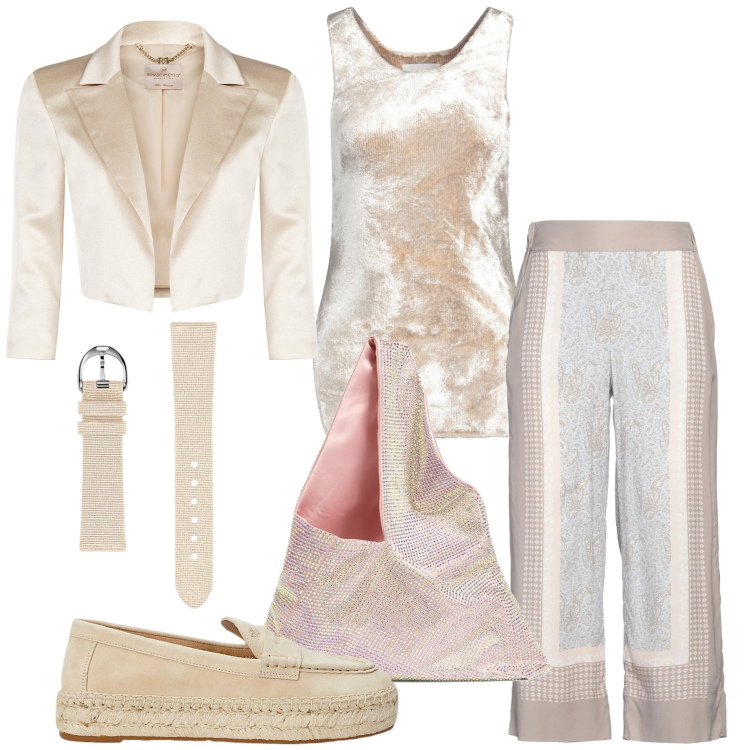 Outfit donna - Cipria. Stile Glamour per Serata fuori. Abbinamento con pullovers, pantaloni, bolero, espadrillas, orologi, borse a spalla.
