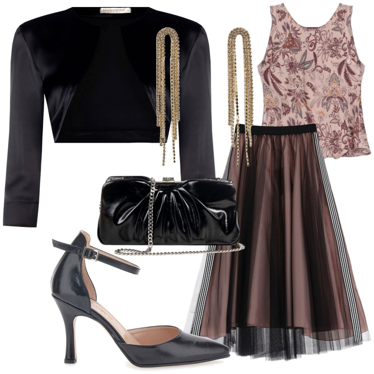 Outfit donna - Invito. per Cerimonia. Abbinamento con orecchini, pochette, bolero, top, gonne longuette, décolleté.