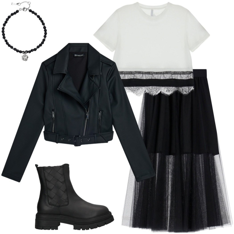 Outfit donna - Boho biker. Stile Casual chic per Serata fuori. Abbinamento con stivaletti, braccialetti, gonne longuette, t-shirt, giacche.