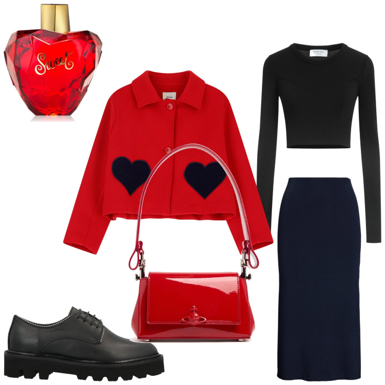 Outfit donna - Love is in the air. Stile Casual chic per Serata fuori. Abbinamento con pullovers, scarpe stringate, profumi, gonne, blazer, borse a spalla.