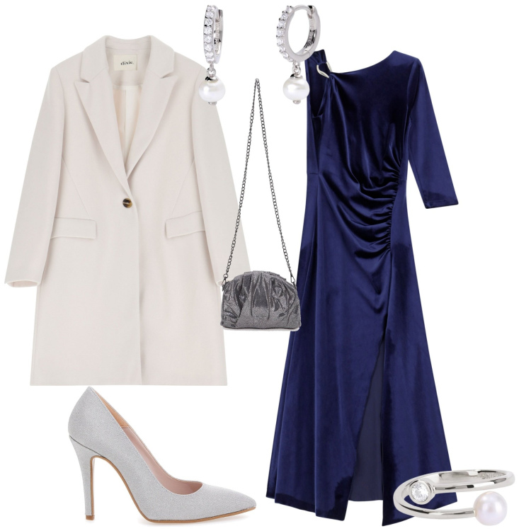 Outfit donna - Evento serata speciale. Stile Bon Ton per Serata fuori. Abbinamento con orecchini, anelli, vestiti asimmetrici, cappotti, décolleté, pochette.