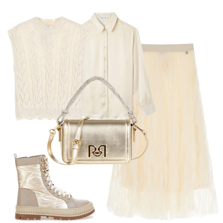 Outfit donna - Febbraio. Stile Casual chic per Serata fuori. Abbinamento con camicie, borse a mano, gonne lunghe, gilet, stivaletti.