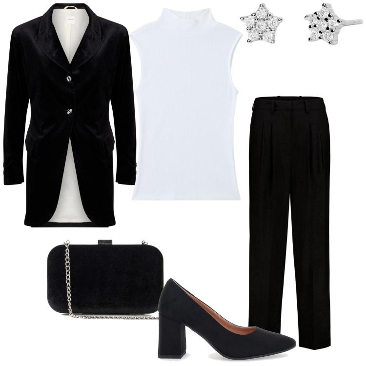 Outfit donna - La serata in bianco e nero. Stile Glamour per Serata fuori. Abbinamento con pochette, top, orecchini, blazer, décolleté, pantaloni.
