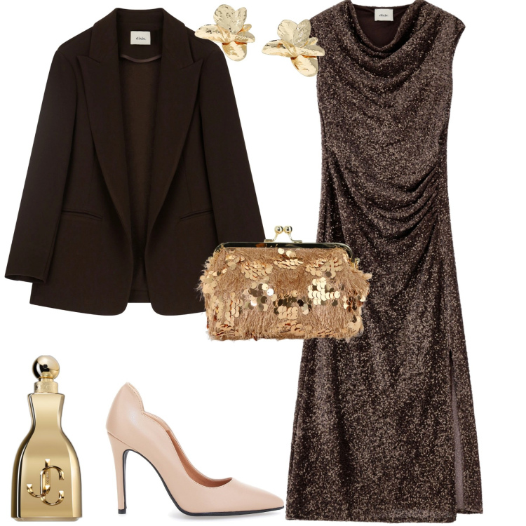 Outfit donna - Evento serata speciale. Stile Bon Ton per Serata fuori. Abbinamento con profumi, orecchini, blazer, borse a spalla, vestiti asimmetrici, décolleté.