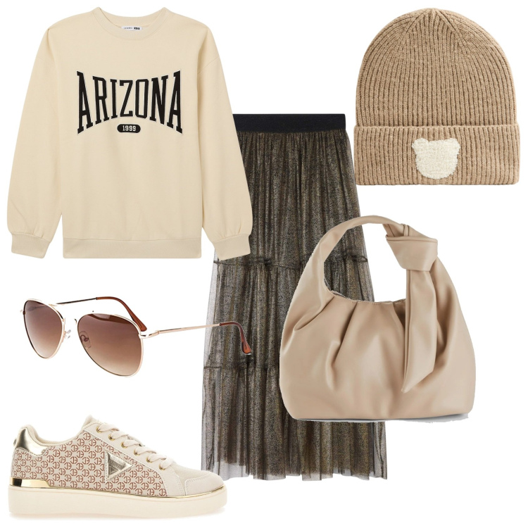 Outfit donna - La gonna lunga. Stile Trendy per Tutti i giorni. Abbinamento con occhiali da sole, borse a mano, gonne, berretti, felpe, sneakers.