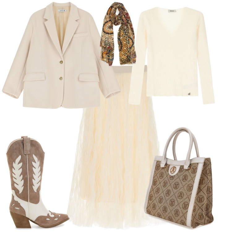 Outfit donna - Primavera 2025. Stile Romantica per Tutti i giorni. Abbinamento con blazer, gonne lunghe, maglieria, stivaletti texani, borse a spalla, foulard.