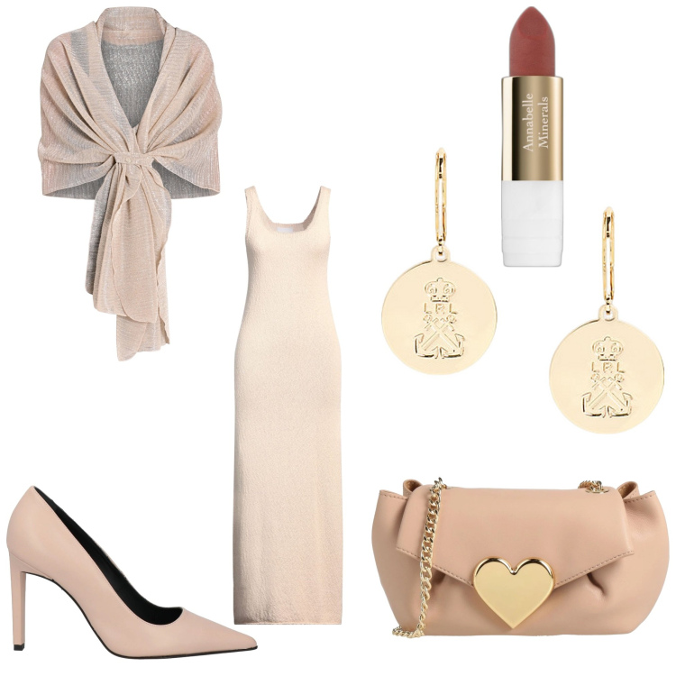 Outfit donna - Cerimonia in febbraio. Stile Chic per Cerimonia. Abbinamento con vestiti lunghi, borse a tracolla, décolleté, rossetti, stole, orecchini.