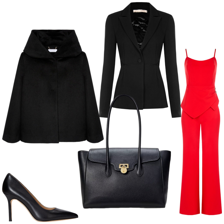 Outfit donna - Rosso love. Stile Chic per Serata fuori. Abbinamento con blazer, tute, borse a mano, décolleté, cappe.