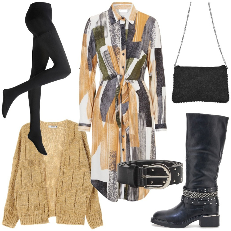 Outfit donna - Lo chemisier stampa grafica. Stile Casual chic per Ufficio. Abbinamento con vestiti chemisier, collant, cinture, borse a tracolla, cardigans, stivali.