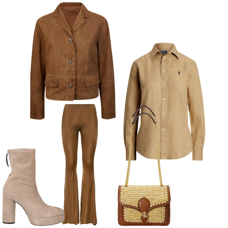Outfit donna - Venus. Stile 70s per Serata fuori. Abbinamento con stivaletti, camicie, borse a spalla, blazer, pantaloni.