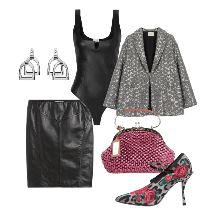 Outfit donna - Dettagli metallici!. Stile Glamour per Serata fuori. Abbinamento con gonne, body, décolleté, borse a mano, blazer, orecchini.