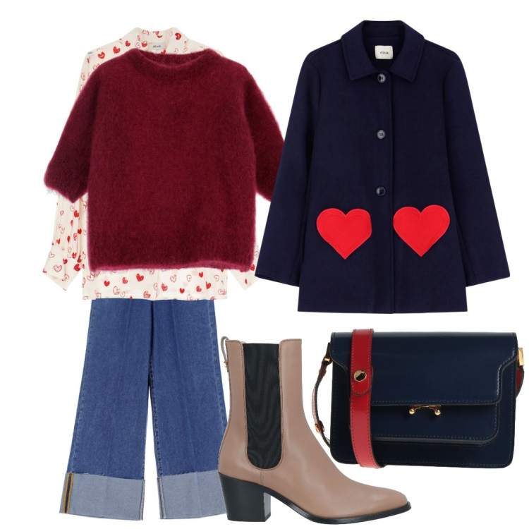Outfit donna - Finalmente il venerdì. Stile Trendy per Tutti i giorni. Abbinamento con borse a tracolla, stivaletti chelsea, jeans, maglieria, cappotti, camicie.