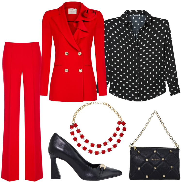 Outfit donna - Red passion. Stile Chic per Cerimonia. Abbinamento con camicie, blazer, pantaloni a palazzo, stivaletti, borse a spalla, collane.